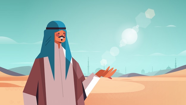 Vector hombre árabe caminando en el desierto chico árabe feliz en ropa tradicional ramadan kareem mes sagrado paisaje árabe horizontal retrato ilustración