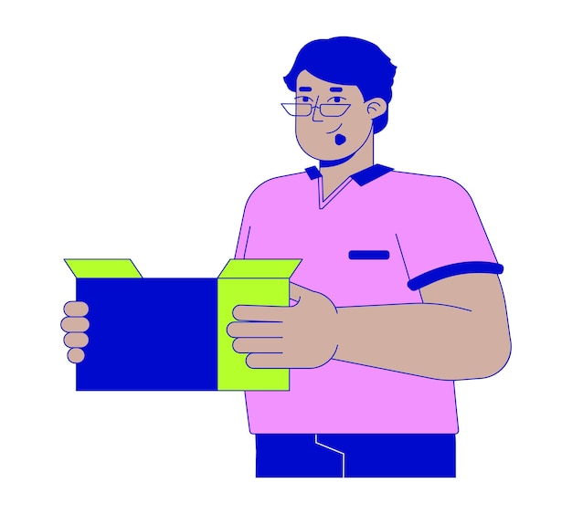 Hombre árabe con huesos grandes con una caja personaje de dibujos animados lineal 2D