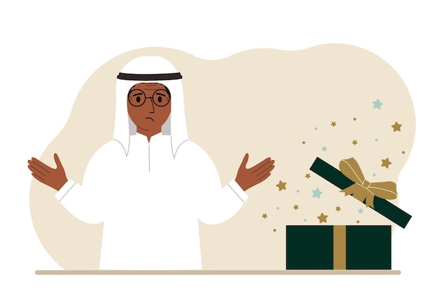 Un hombre árabe junto a un regalo abierto el concepto de un descuento de promoción sorpresa navideña