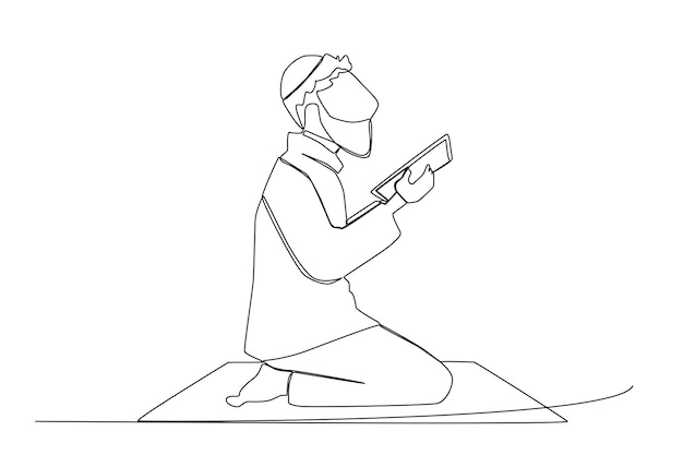 Un hombre árabe leyendo el Corán en el arte lineal de la alfombra de oración