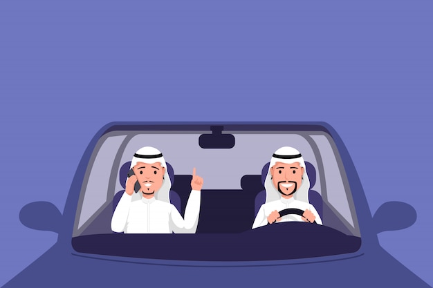 Hombre árabe que conduce la ilustración auto. hombres musulmanes en thawb sentado en el asiento delantero del vehículo y hablando por teléfono. ropa tradicional masculina de los países árabes, empresarios musulmanes en el transporte
