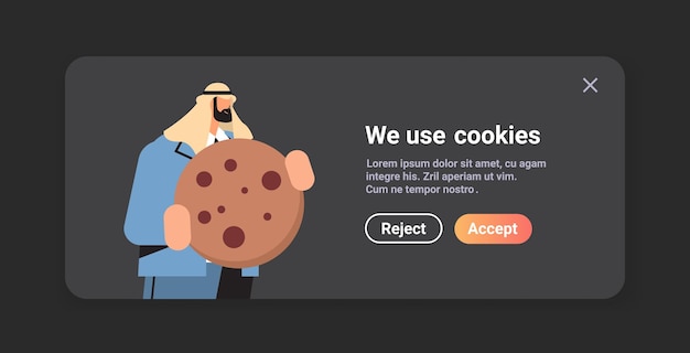 Vector hombre árabe que sostiene la protección de cookies de la información personal en la ventana emergente de la web de internet usamos la notificación de la política de cookies