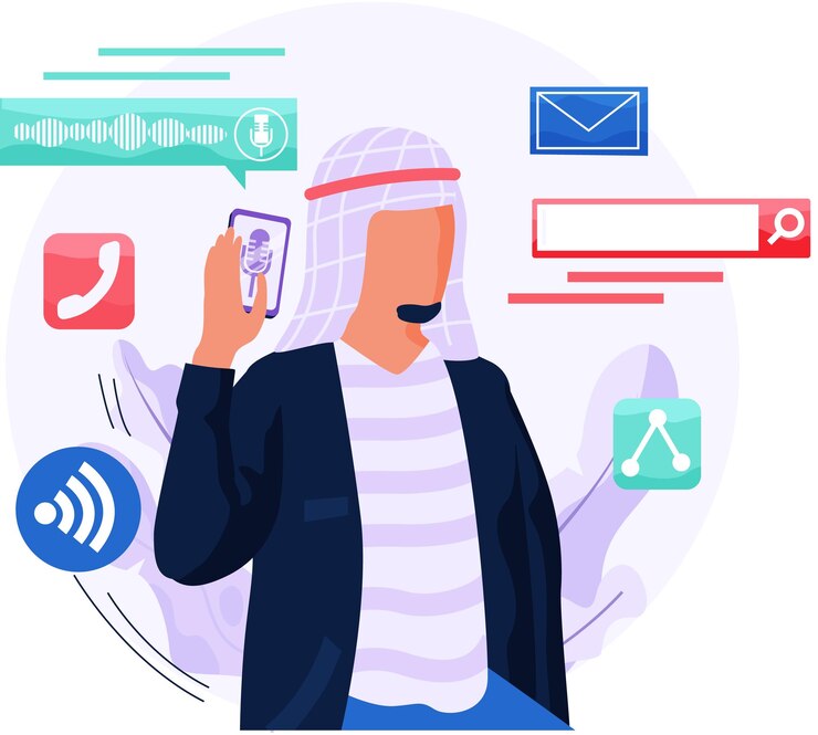 Vector hombre árabe que sostiene el teléfono móvil y los símbolos de sus iconos de funciones sobre fondo blanco concepto de interacción de gadgets humanos y modernos teléfono inteligente para llamadas, envío de mensajes y búsqueda de información