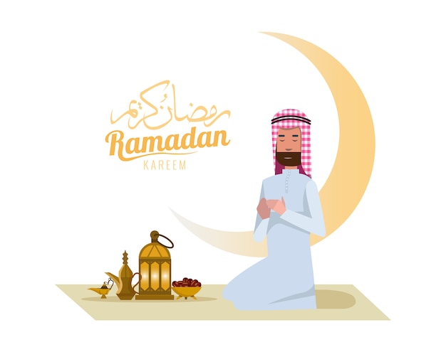 Hombre árabe rezando con set y fechas tradicionales de Arabian Coffee.