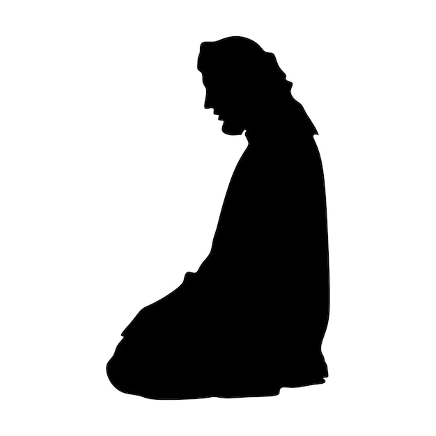 hombre árabe rezando siluetafondo blanco negroilustración vectorial