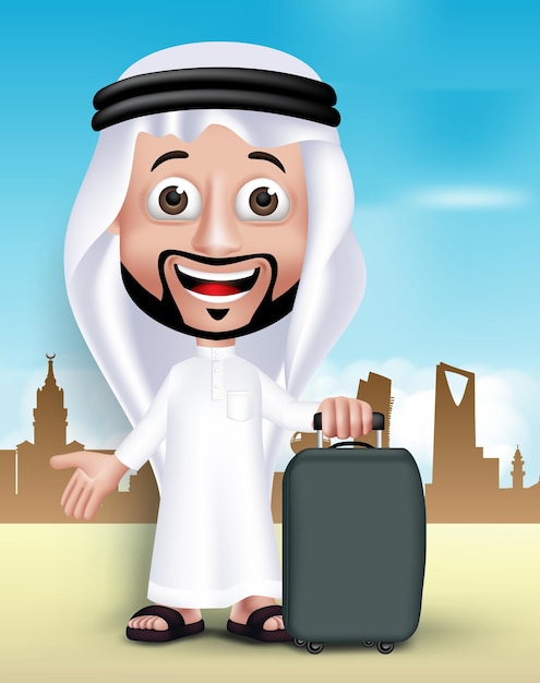 Hombre árabe saudita guapo en 3D realista con Thobe de pie feliz con bolsa de viaje