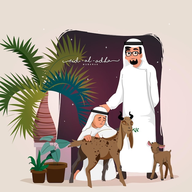 Hombre árabe con su personaje de hijo, macetas de animales y plantas de cabras decoradas para eid-al-adha mubarak.