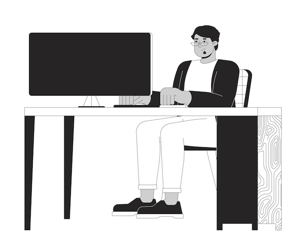 Hombre árabe de tamaño plus en la computadora personaje de dibujos animados en 2D en blanco y negro
