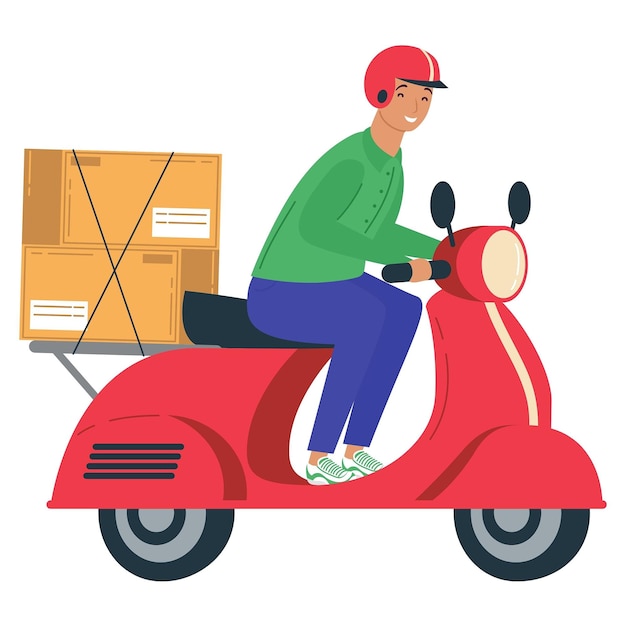 hombre arafed montando un scooter rojo con una caja en la parte trasera