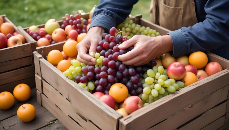 Vector hombre arreglando frutas frescas en un puesto del mercado