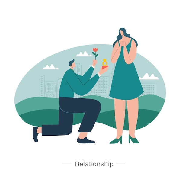 Hombre arrodillado ofreciendo anillo de compromiso a su novia ilustración del concepto de relación