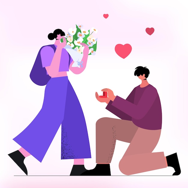 Hombre arrodillado sosteniendo anillo de compromiso proponiendo mujer casarse con él feliz concepto de día de san valentín ilustración vectorial de cuerpo entero