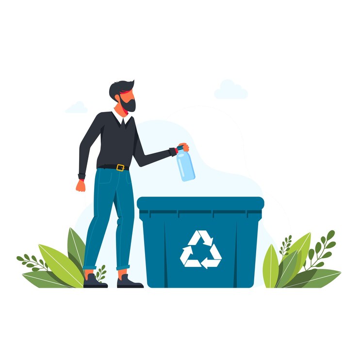 Vector el hombre arroja una botella de plástico en el bote de basura, signo de reciclaje de basura el concepto de cuidar el medio ambiente y clasificar la basura. reciclar, ilustración de vector de estilo de vida ecológico. hombre con canasta de reciclaje