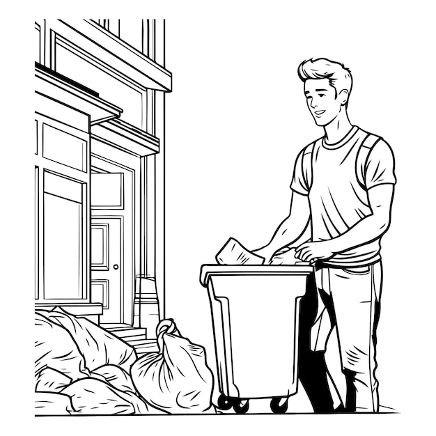 Hombre arrojando basura al contenedor de basura ilustración vectorial en blanco y negro