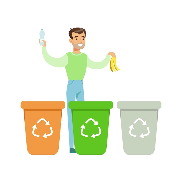 Hombre arrojando piel de plátano en uno de los tres contenedores de basura de reciclaje que contribuyen a la preservación del medio ambiente mediante el uso de formas ecológicas Ilustración