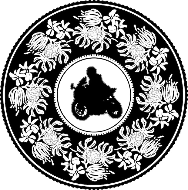 hombre y arte motor con marco floral diseño negro silueta hecha a mano