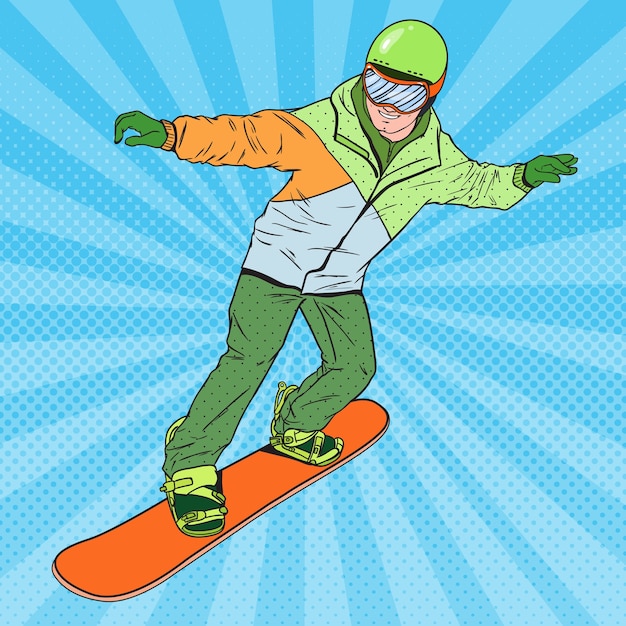 Hombre de arte pop en ropa deportiva con tabla de snowboard. snowboarder haciendo truco.