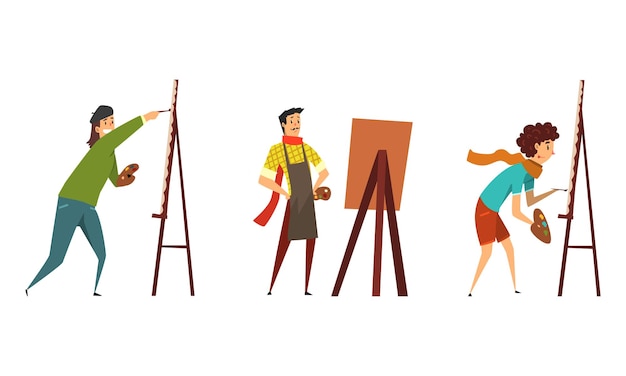 Hombre Artista Pintando en lienzo o papel con cubo de dibujo Usando pincel Vector Set Hombre Creando arte visual Aplicando pinturas en la superficie Concepto