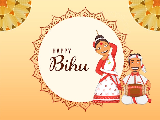 Vector hombre asamés jugando dhol y mujer bailando con atuendo tradicional en el fondo de mandala naranja para la celebración feliz de bihu