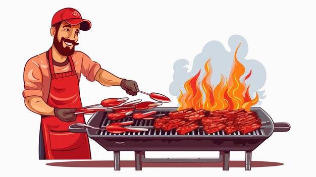Hombre asando una barbacoa en un delantal rojo Preparación de comida deliciosa
