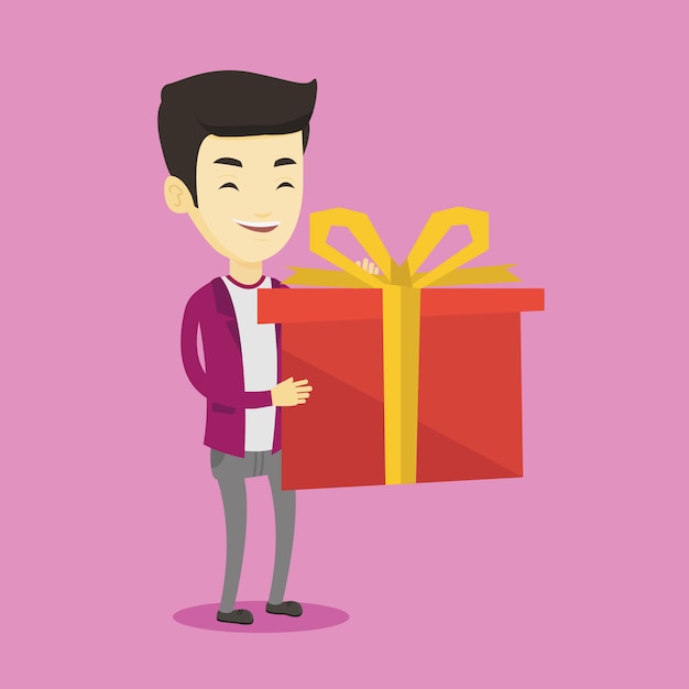 Hombre asiático alegre caja con regalo.