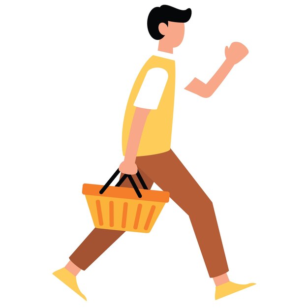 Un hombre asiático corriendo mientras trae la canasta de compras Diseño plano simple para ilustración de negocios