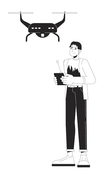 Hombre asiático pilotando un cuadricóptero personaje de dibujos animados en 2D en blanco y negro