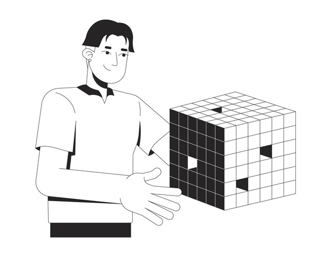 Hombre asiático presentando un cubo de datos digitales flotante de carácter de línea 2D