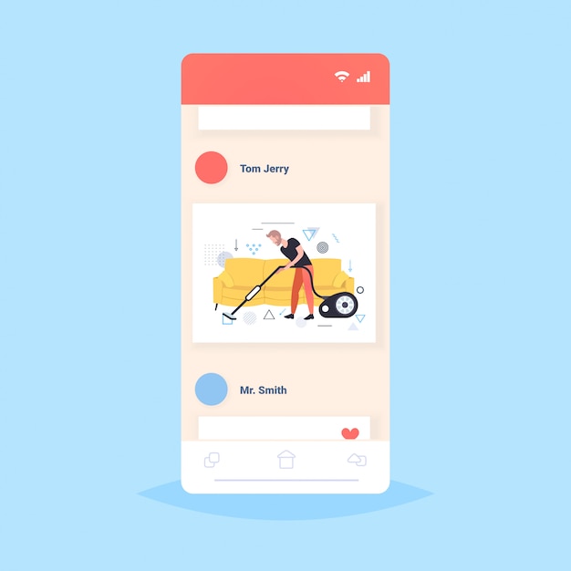 Hombre con aspiradora conserje masculino en aspiradora uniforme haciendo tareas domésticas servicio de limpieza concepto smartphone pantalla en línea aplicación móvil ilustración de boceto de longitud completa