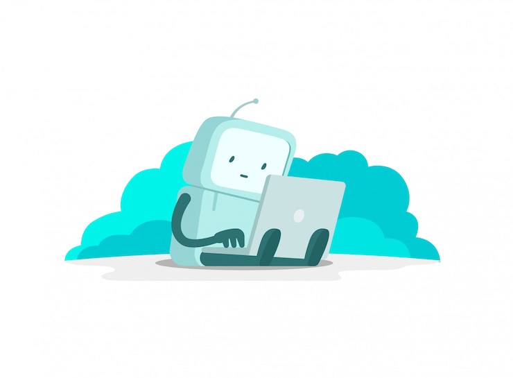 Vector el hombre astronauta robot se sienta con la computadora portátil. busca en internet. navegación por internet. página de error no encontrada. ilustración de color plano