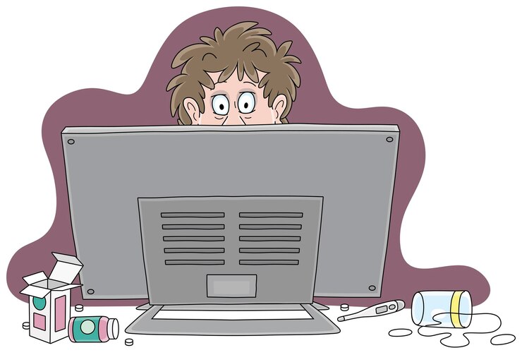 Vector hombre asustado en pánico escondido detrás de su monitor de computadora después de leer noticias de última hora