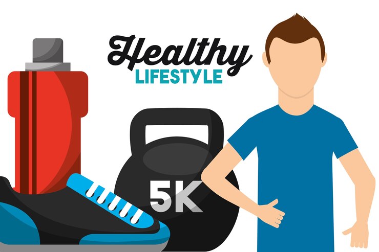 Vector hombre atlético peso agua y sneaker estilo de vida saludable