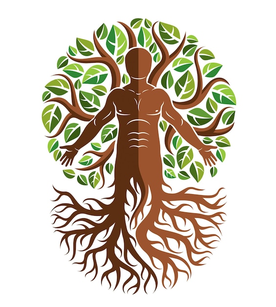 Hombre atlético vectorial creado como continuación del árbol con raíces fuertes y hojas verdes orgánicas. Turismo verde, ve a la ilustración de la idea verde.