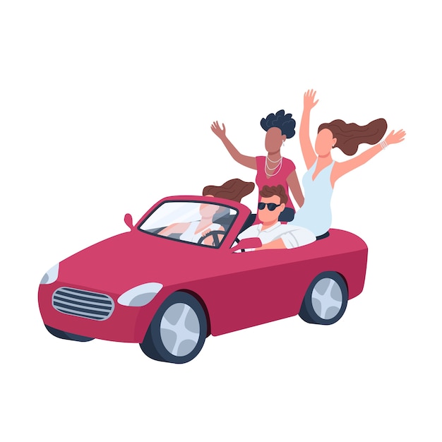 Hombre atractivo en coche rodeado de personajes sin rostro de color plano de chicas. Jóvenes pasando el rato. Chico en cabriolet rojo aislado ilustración de dibujos animados para diseño gráfico web y animación