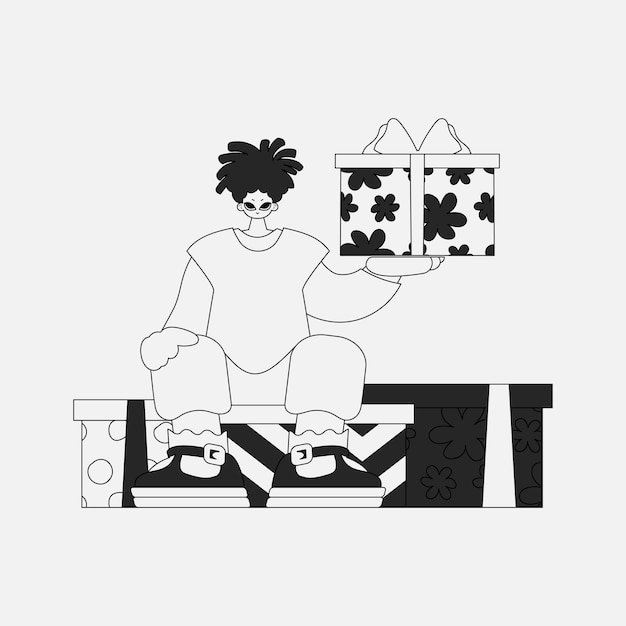 Un hombre atractivo está sosteniendo una caja de regalos de estilo blanco y negro