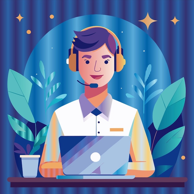 un hombre con un auricular y una computadora portátil con un fondo azul con una imagen de un hombre trabajando en él
