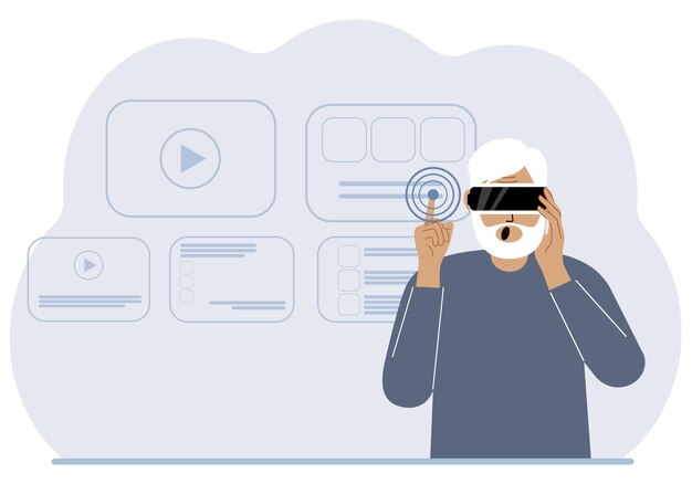 Un hombre con un auricular de realidad virtual estudia, trabaja, juega y trabaja.