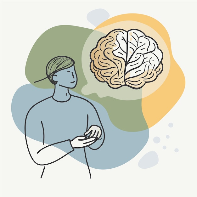 un hombre con auriculares y un cerebro con las palabras cerebro en él