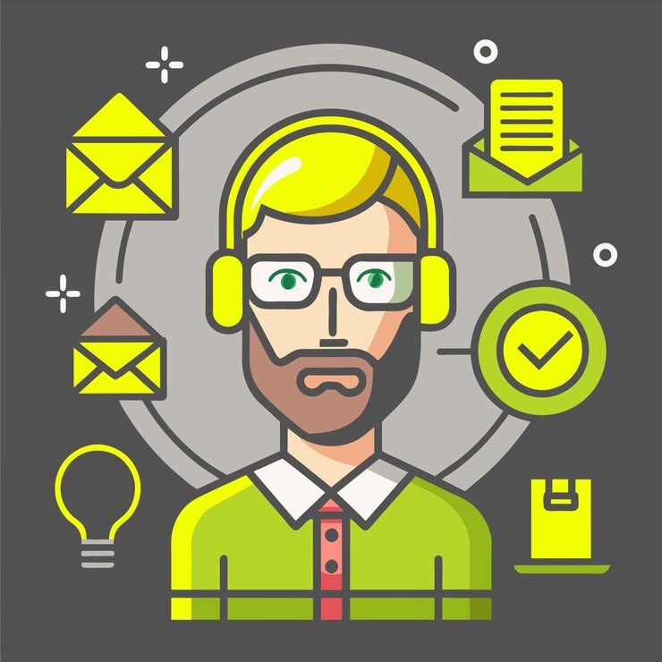 Vector un hombre con auriculares y un círculo de iconos con un hombre usando auriculares