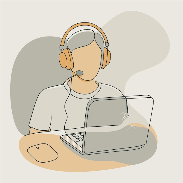 un hombre con auriculares y una computadora portátil en la cabeza