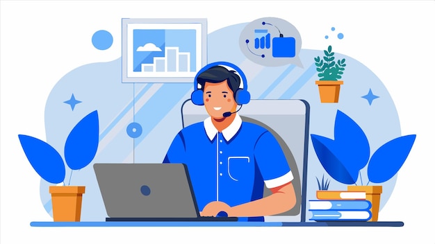 un hombre con auriculares y una computadora portátil delante de él