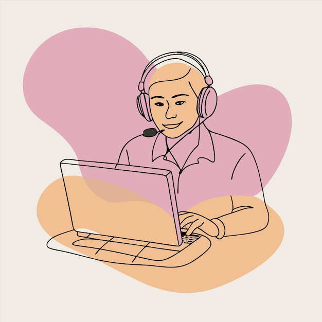 un hombre con auriculares y una computadora portátil con un fondo rosa