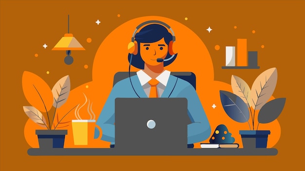 un hombre con auriculares y una computadora portátil frente a un fondo naranja brillante