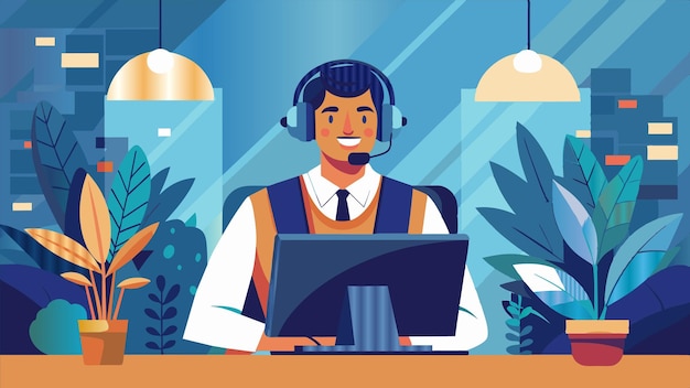 un hombre con auriculares y una computadora portátil frente a una planta