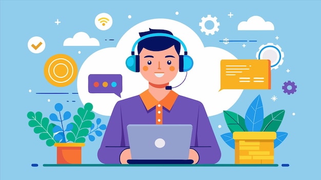 un hombre con auriculares y una computadora portátil con las palabras la hora de 4 00