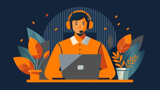un hombre con auriculares y una computadora portátil con las palabras el nombre en él
