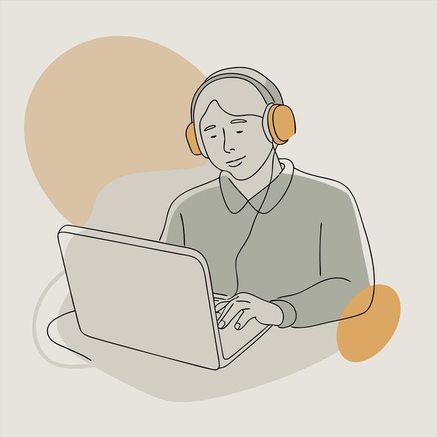 un hombre con auriculares y una computadora portátil con las palabras la palabra en él