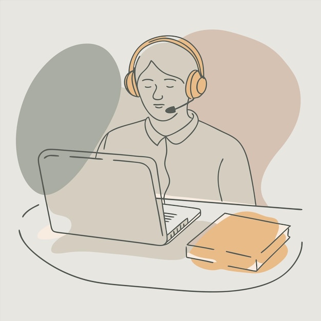 un hombre con auriculares y una computadora portátil en su escritorio