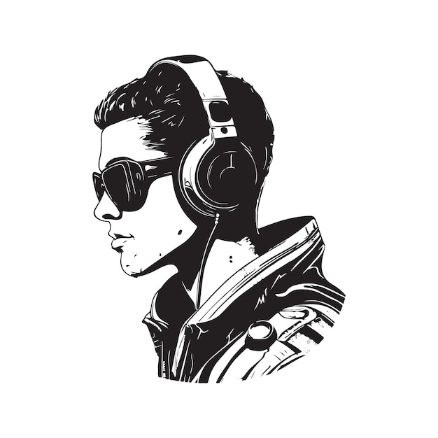 Hombre con auriculares cyberpunk logo vintage concepto de arte de línea color blanco y negro ilustración dibujada a mano