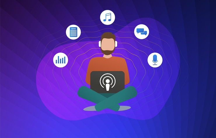 Vector hombre con auriculares escucha la aplicación de podcast de transmisión en línea